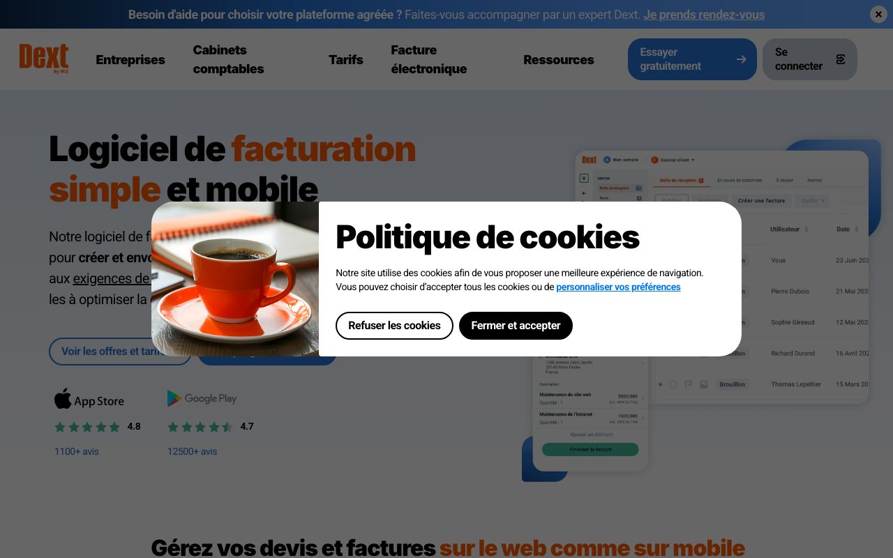 Aperçu du site de Dext